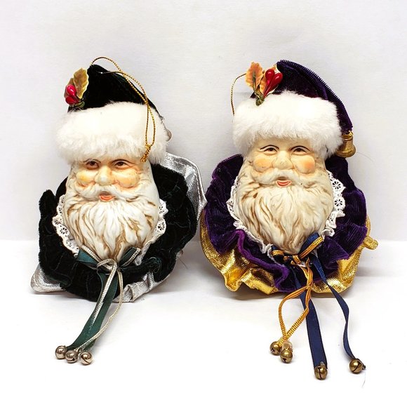 Old World Santa Christmas Ornament Lot x2 Ceramic Velvet Bells Blue Purple 5" - Picture 1 of 7